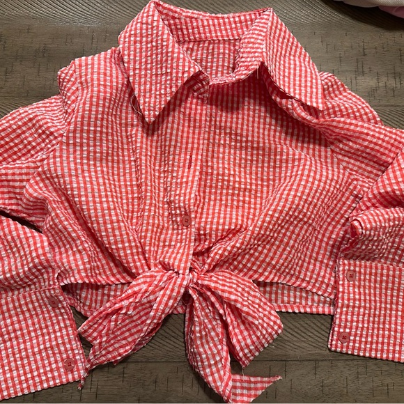 seersucker Tops - Vintage Style Red Gingham Seersucker Tie-Front Crop Top - Size M